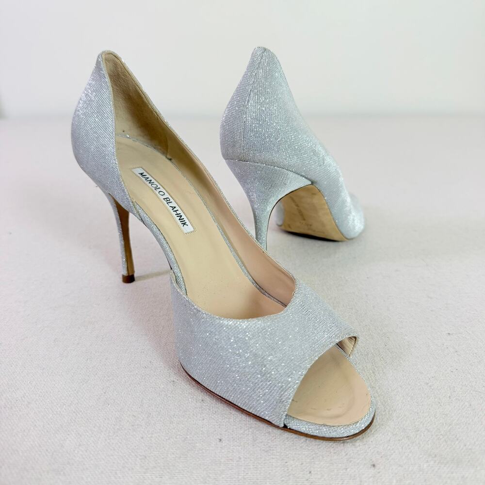 Manolo Blahnik Silver Metallic D'Orsay Peep Toe Stiletto Heels Women's EU 40.5